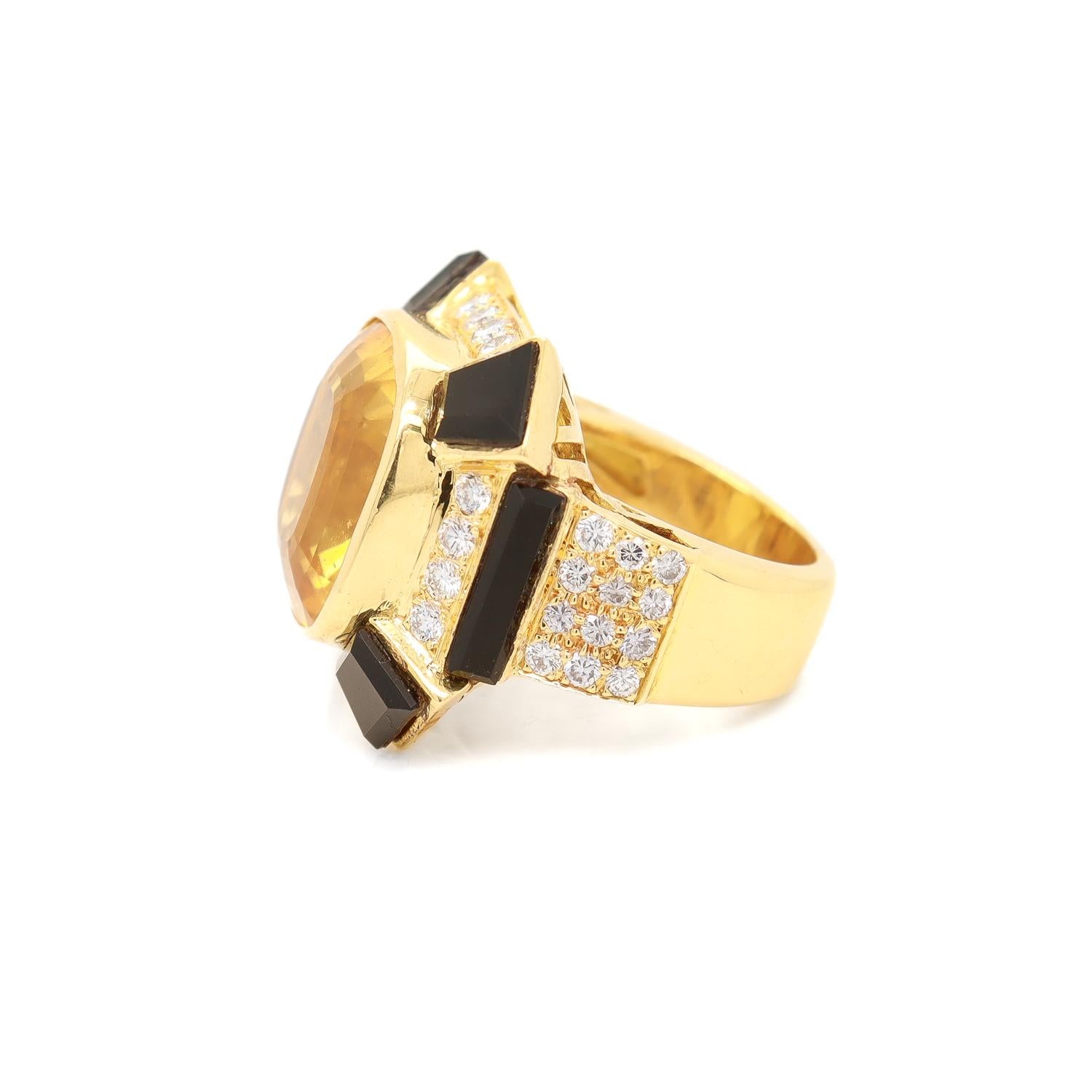 Women's Vintage 18K Yellow Gold, Citrine, Onyx, and Diamond Cocktail Ring For Sale
