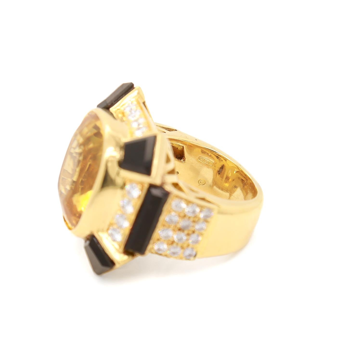 Vintage 18K Yellow Gold, Citrine, Onyx, and Diamond Cocktail Ring For Sale 3