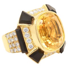 Anello cocktail d'epoca in oro giallo 18 carati, citrino, onice e diamanti