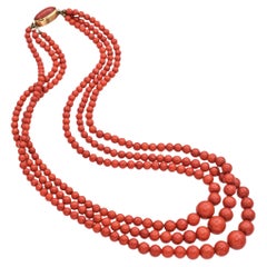 Vintage 18K Yellow Gold Clasp Red Coral Three-Strand Graduated Beaded Necklace