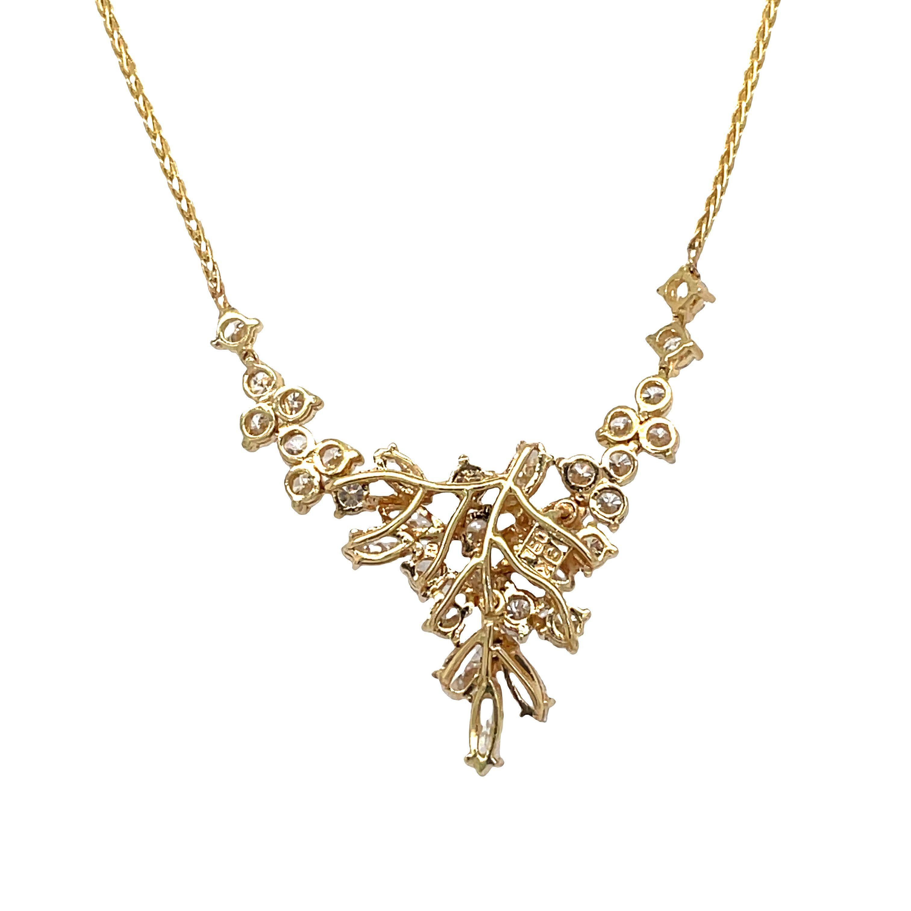 Vintage 18k Yellow Gold Cluster Diamond Cascade Pendant Necklace In Excellent Condition For Sale In beverly hills, CA