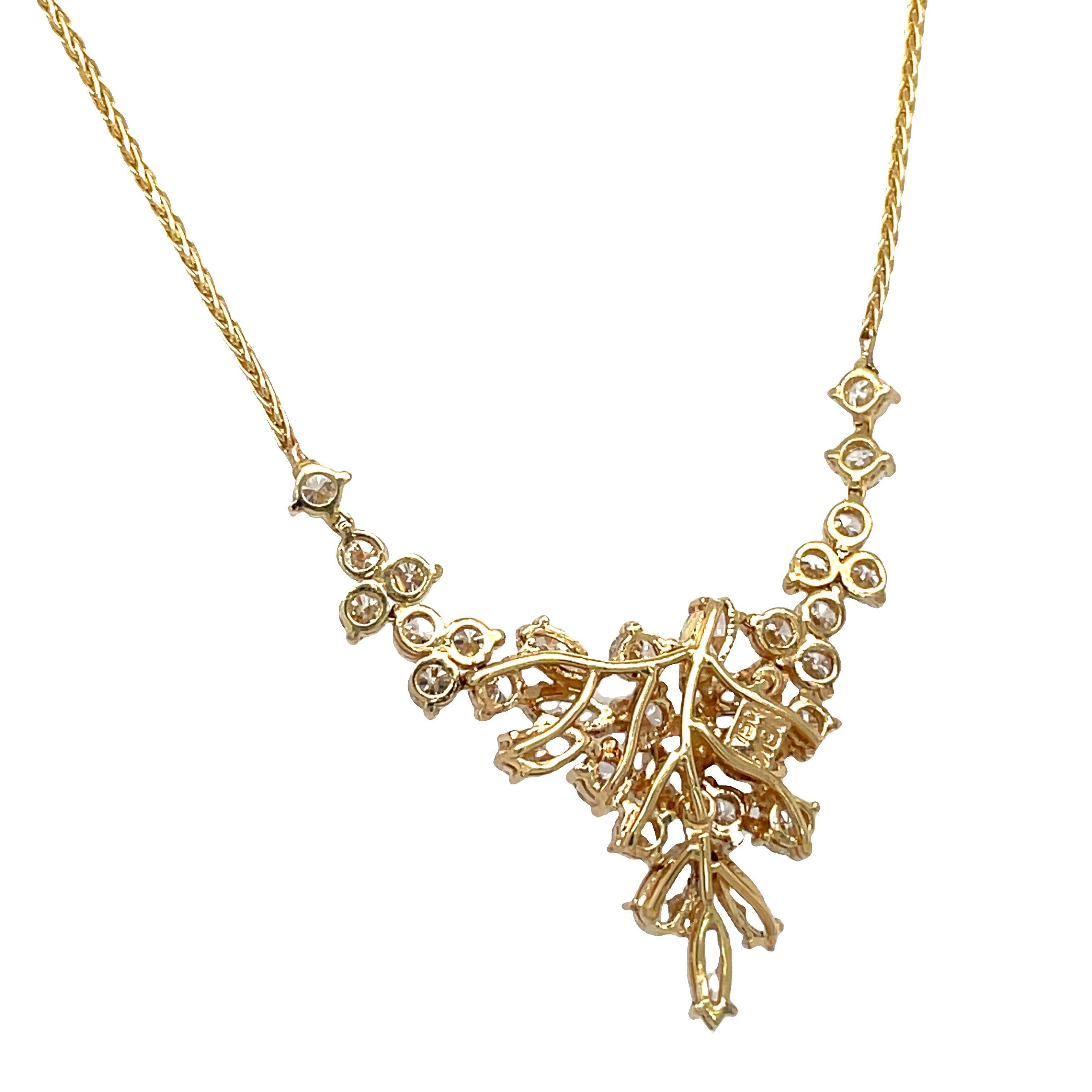 Women's or Men's Vintage 18k Yellow Gold Cluster Diamond Cascade Pendant Necklace For Sale
