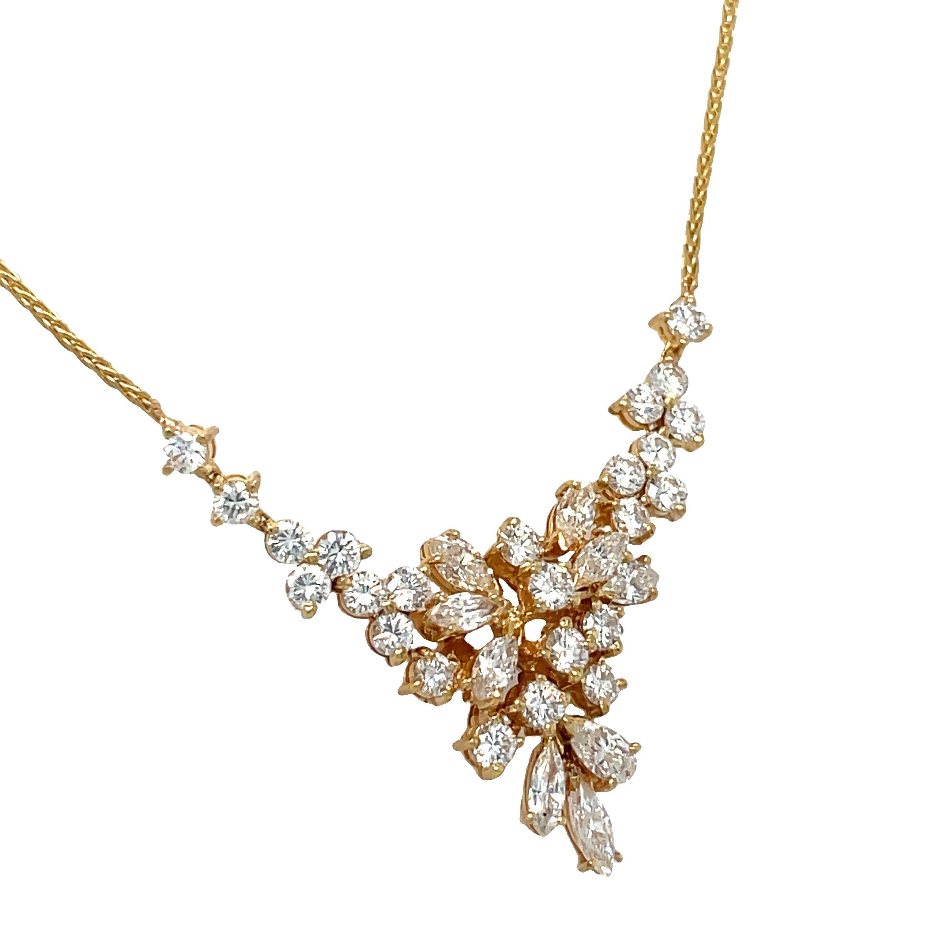 Vintage 18k Yellow Gold Cluster Diamond Cascade Pendant Necklace For Sale 2