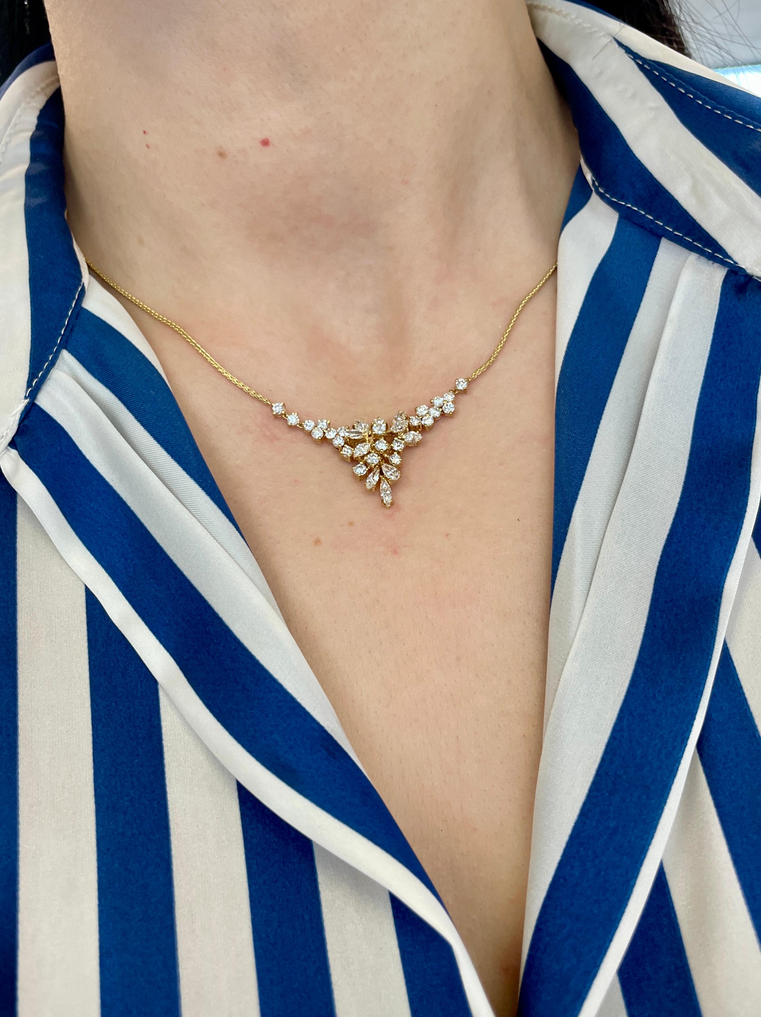 Vintage 18k Yellow Gold Cluster Diamond Cascade Pendant Necklace For Sale 3