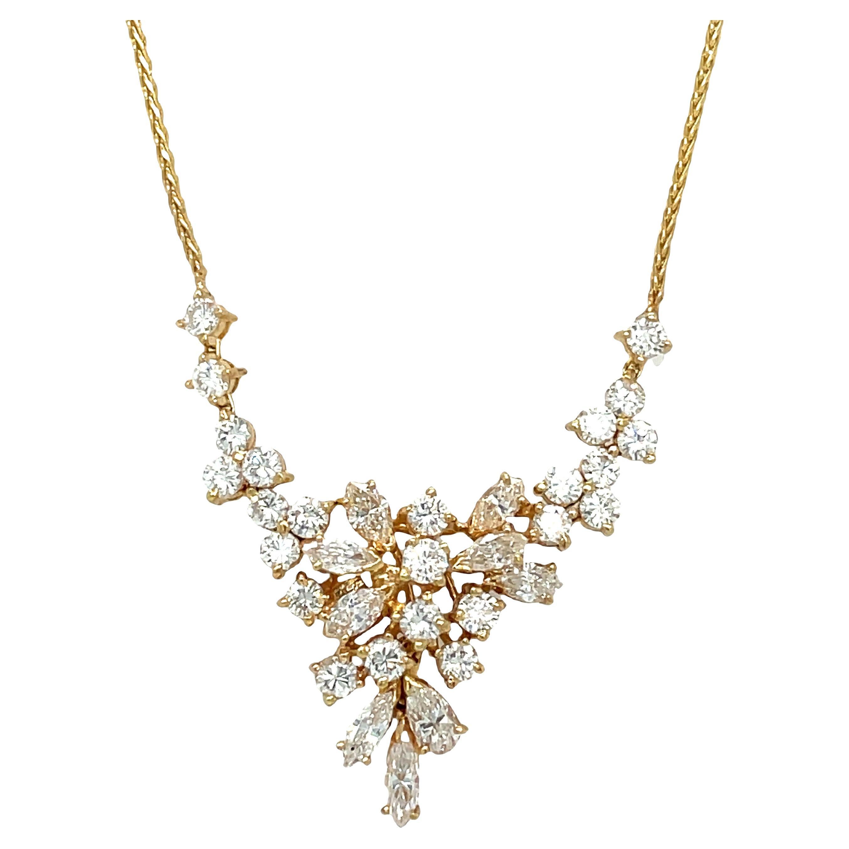 Vintage 18k Yellow Gold Cluster Diamond Cascade Pendant Necklace For Sale