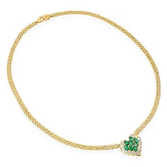 Vintage 18k Yellow Gold Colombian Emerald and Diamond Heart Link Necklace