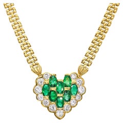 Vintage 18k Yellow Gold Colombian Emerald and Diamond Heart Link Necklace