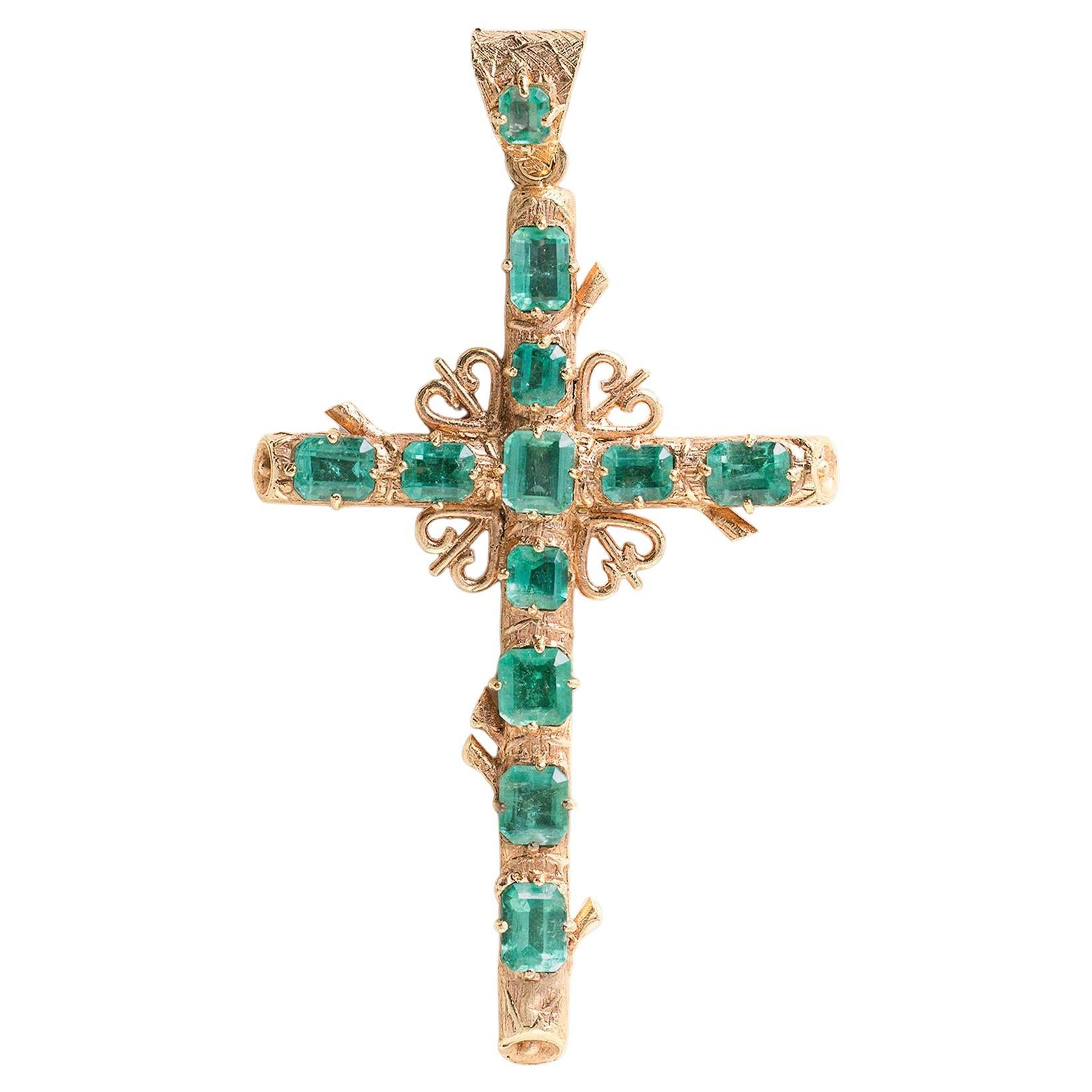 Vintage 18K Gelbgold kolumbianischen Smaragd Kreuz-Anhänger