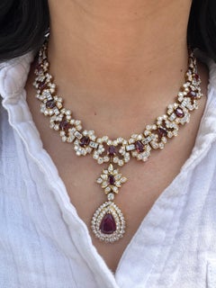 Vintage 18K Yellow Gold Convertible Ruby & Diamond Necklace