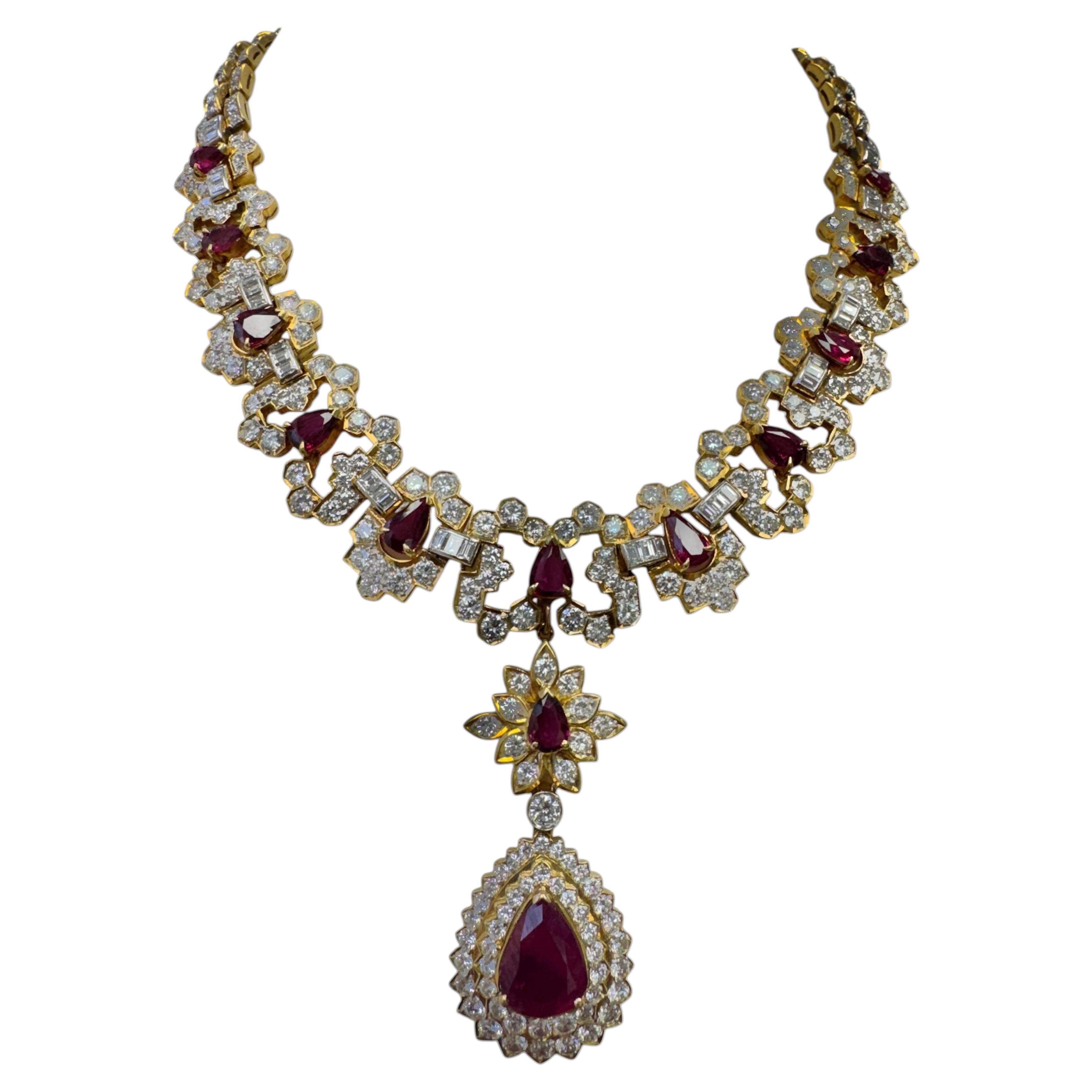 Vintage 18K Yellow Gold Convertible Ruby & Diamond Necklace