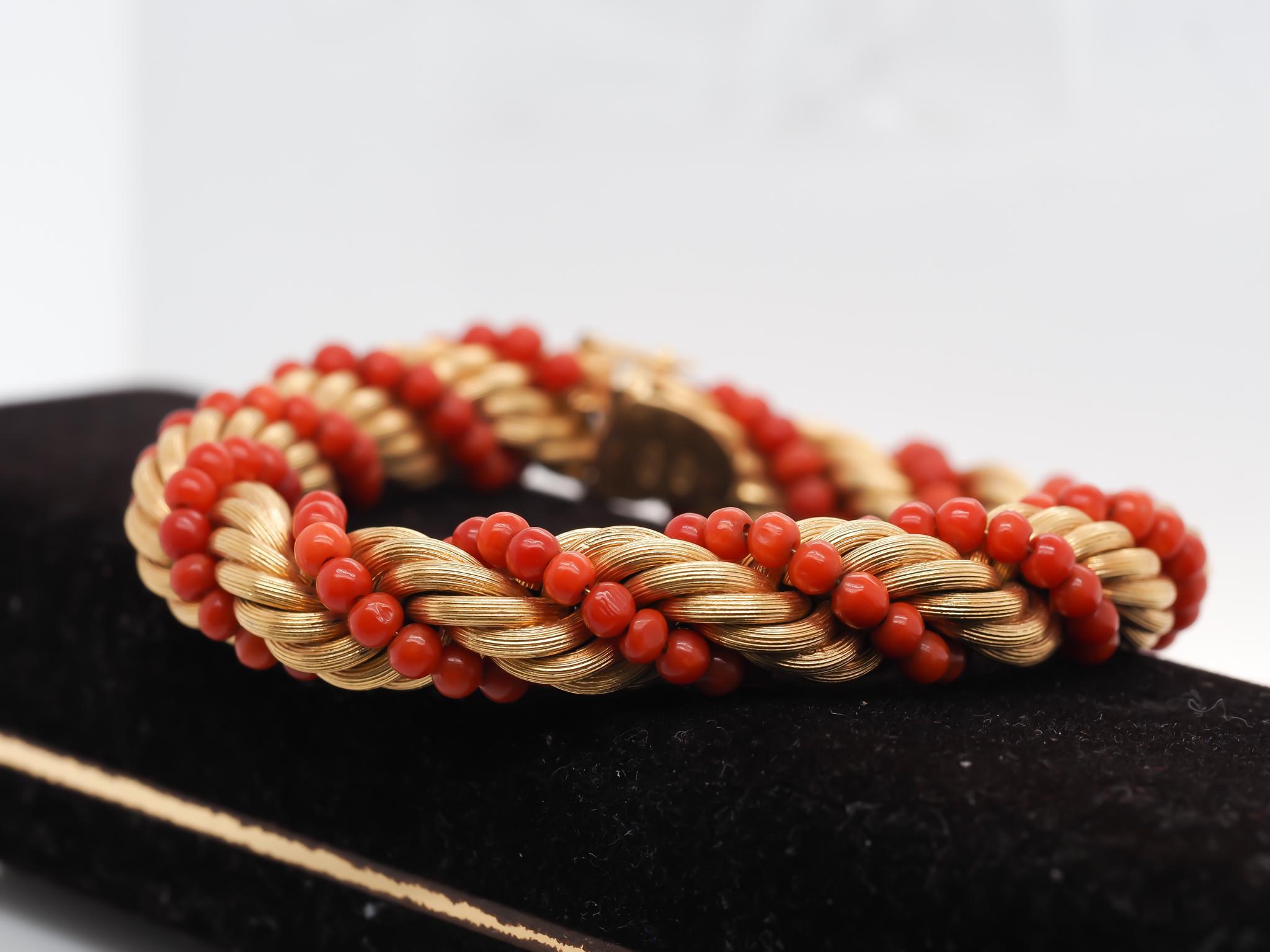 Year: 1970s
Item Details:
Metal Type: 18K Yellow Gold [Hallmarked, and Tested]
Weight: 43.0 grams (All Items Total)
Stone Details: Natural, Coral (No Treatments)
Bracelet Length Measurement: 8.4 Inches Long
Bracelet Width Measurement: .5 Inches