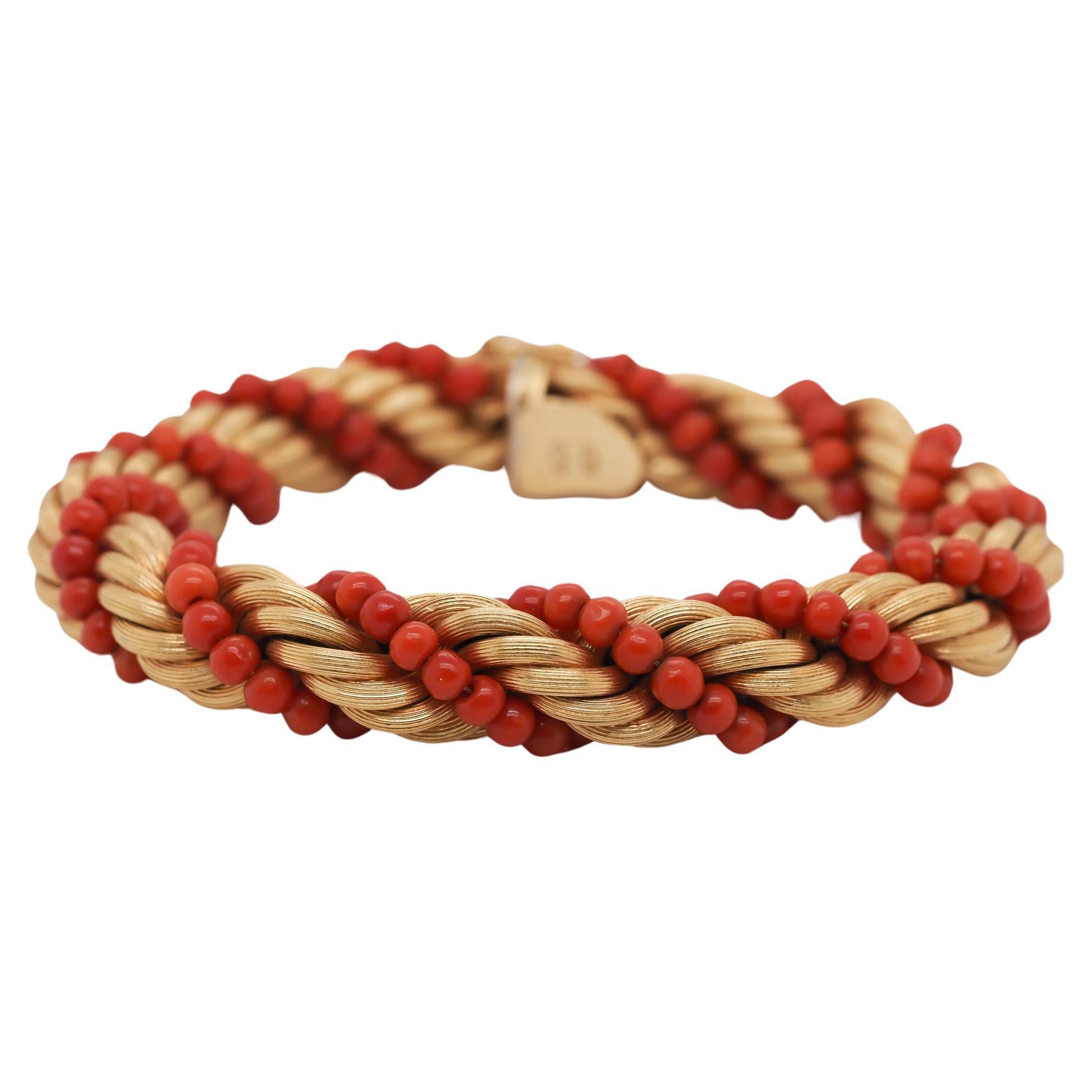 Vintage 18K Yellow Gold Coral Bead Braided Bracelet