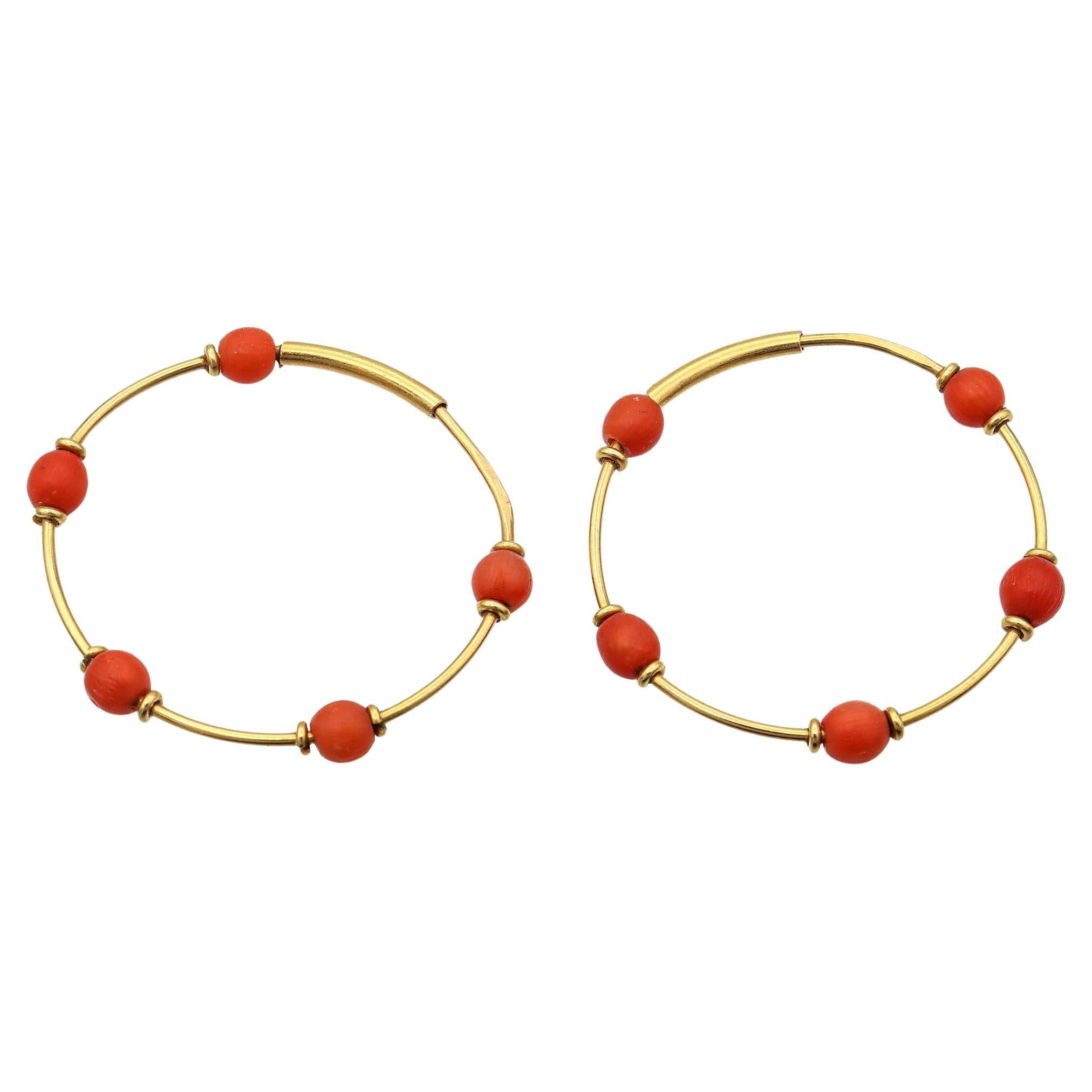 Vintage 18k Yellow Gold Coral Bead Hoop Earrings