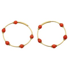 Vintage 18k Yellow Gold Coral Bead Hoop Earrings