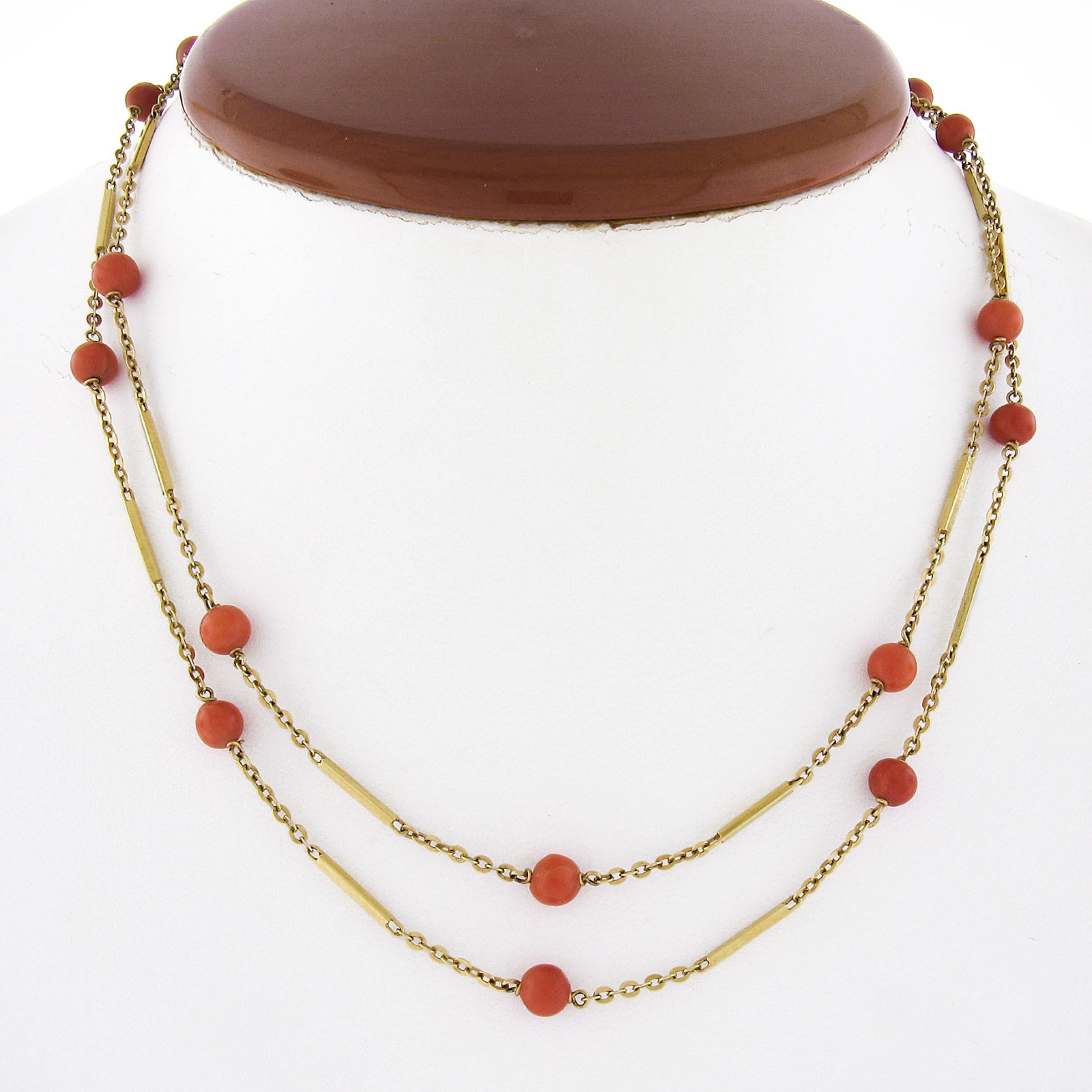 --Stone(s):--
(18) Natural Genuine Corals - Round Bead Shaped - Strung - Deep Orange Color - 5.1mm each (approx.)

Material: Solid 18k Yellow Gold
Weight: 10.33 Grams
Chain Type: Coral Bead Alternated with Bar & Cable Link Sections 
Length: 30