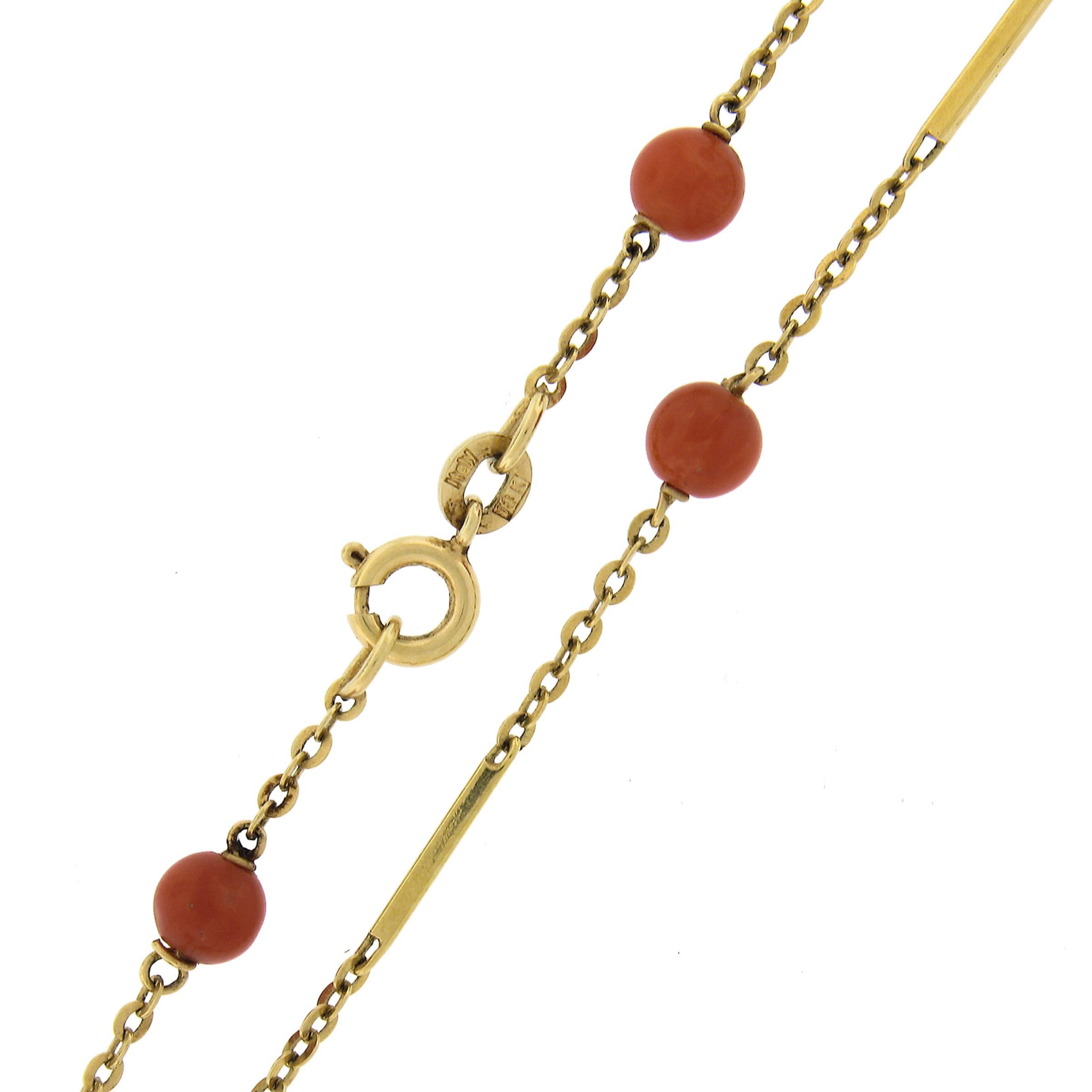 Women's Vintage 18k Yellow Gold Coral Bead w/ Bar & Cable Link 30