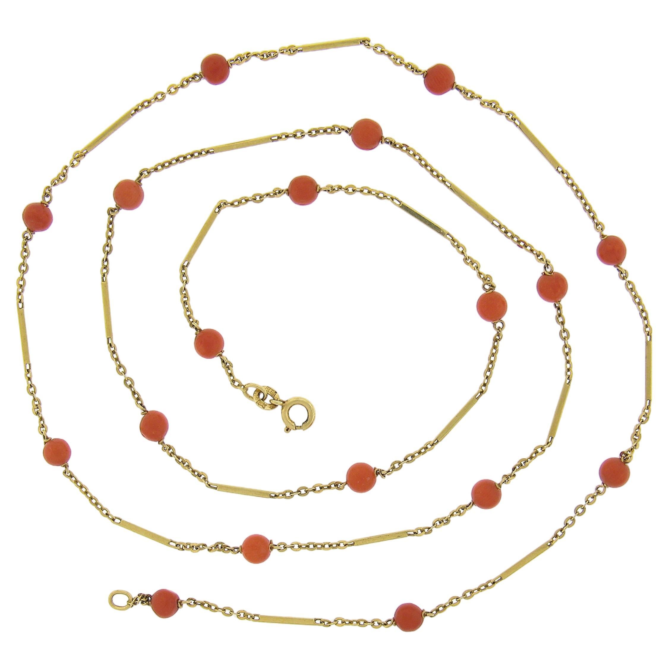Vintage 18k Yellow Gold Coral Bead w/ Bar & Cable Link 30" Long Station Necklace For Sale