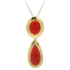 Vintage 18k Yellow Gold Coral Dangle Pendant on 18" Curb Link Chain