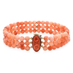 Vintage 18k Yellow Gold Coral Triple Strand Bracelet