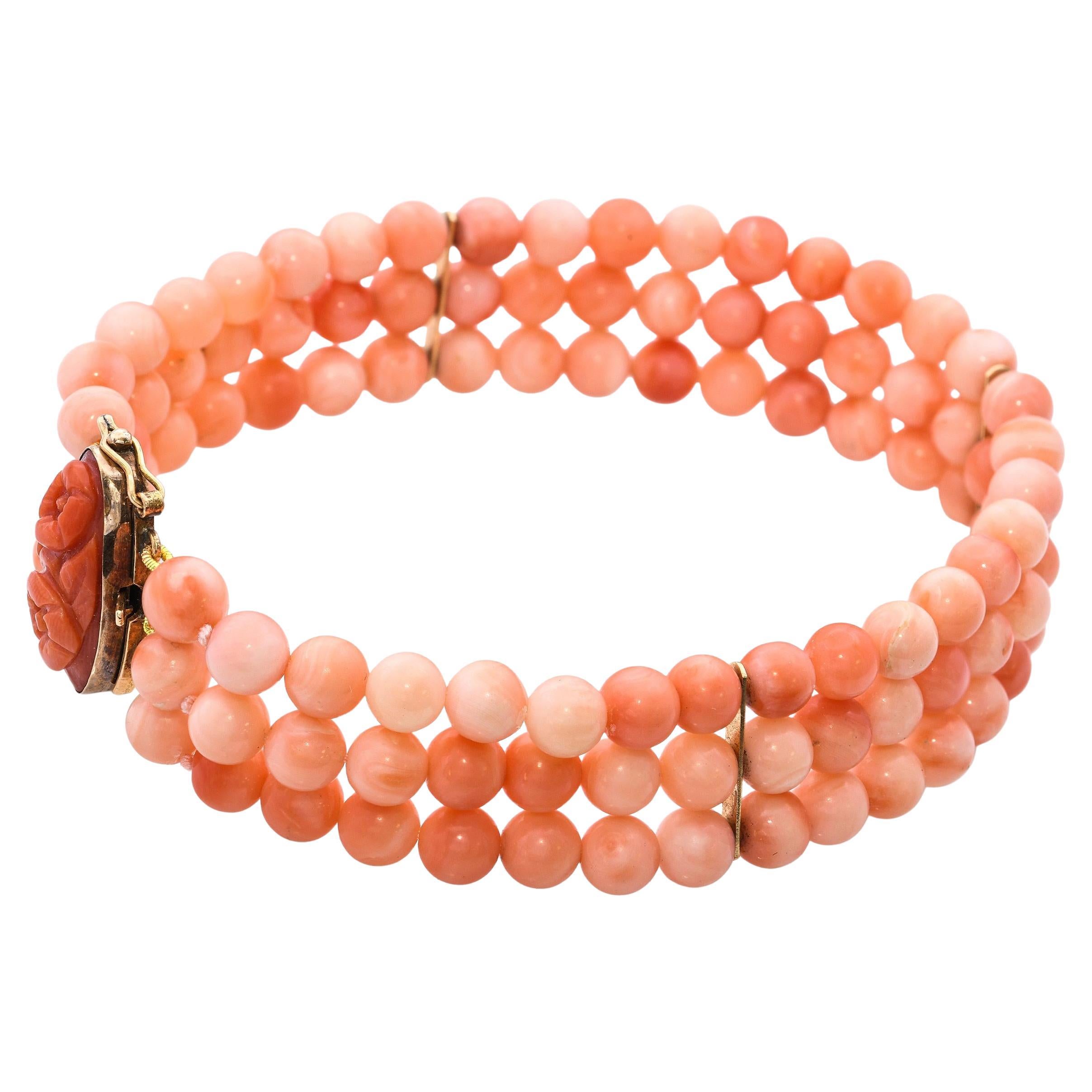Vintage 18k Yellow Gold Coral Triple Strand Bracelet