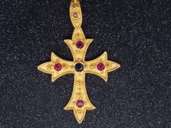 Vintage 18k Yellow Gold Cross Pendant with Sapphires and Ruby