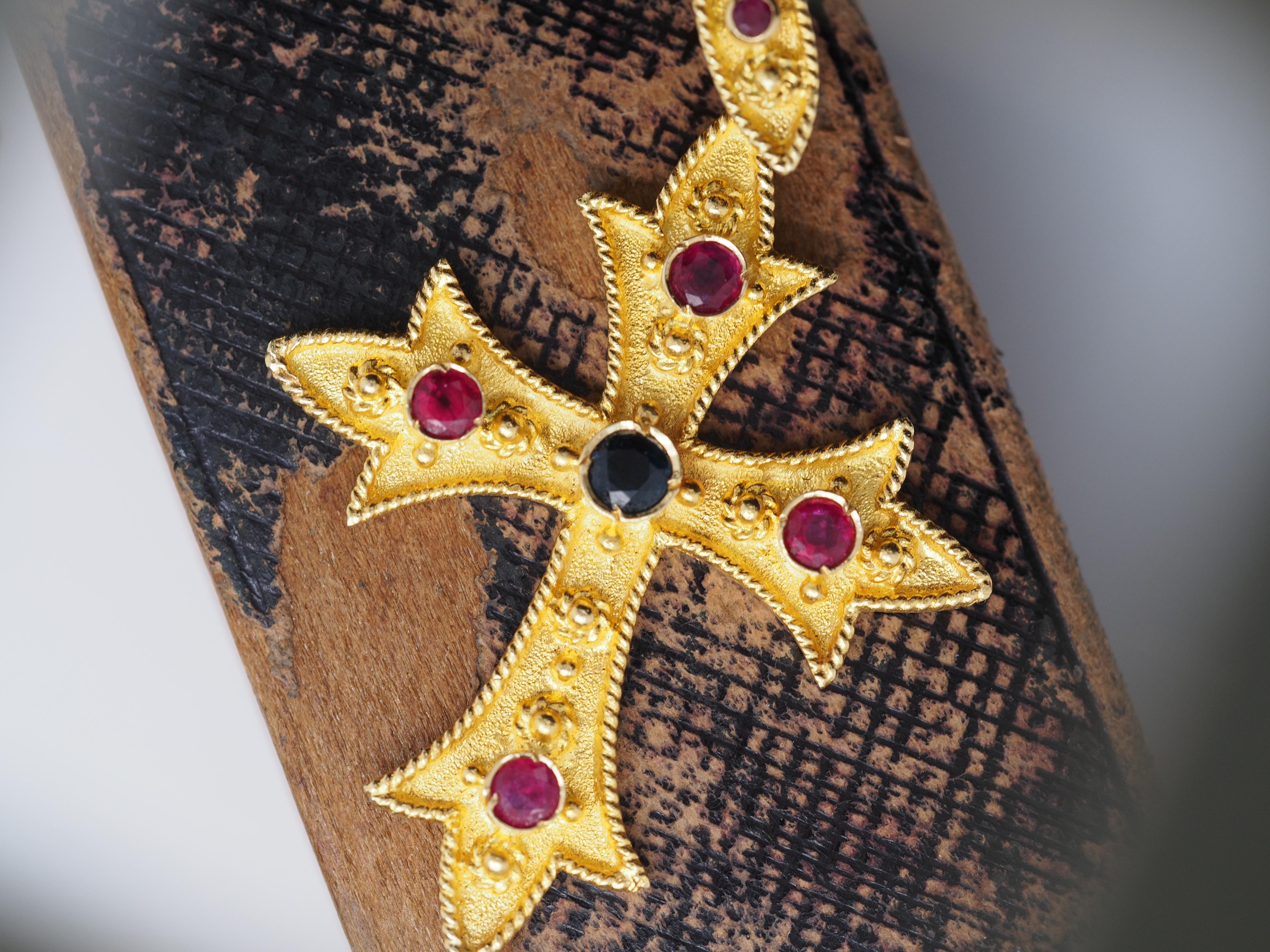 Women's or Men's Vintage 18k Yellow Gold Cross Pendant with Sapphires and Ruby For Sale