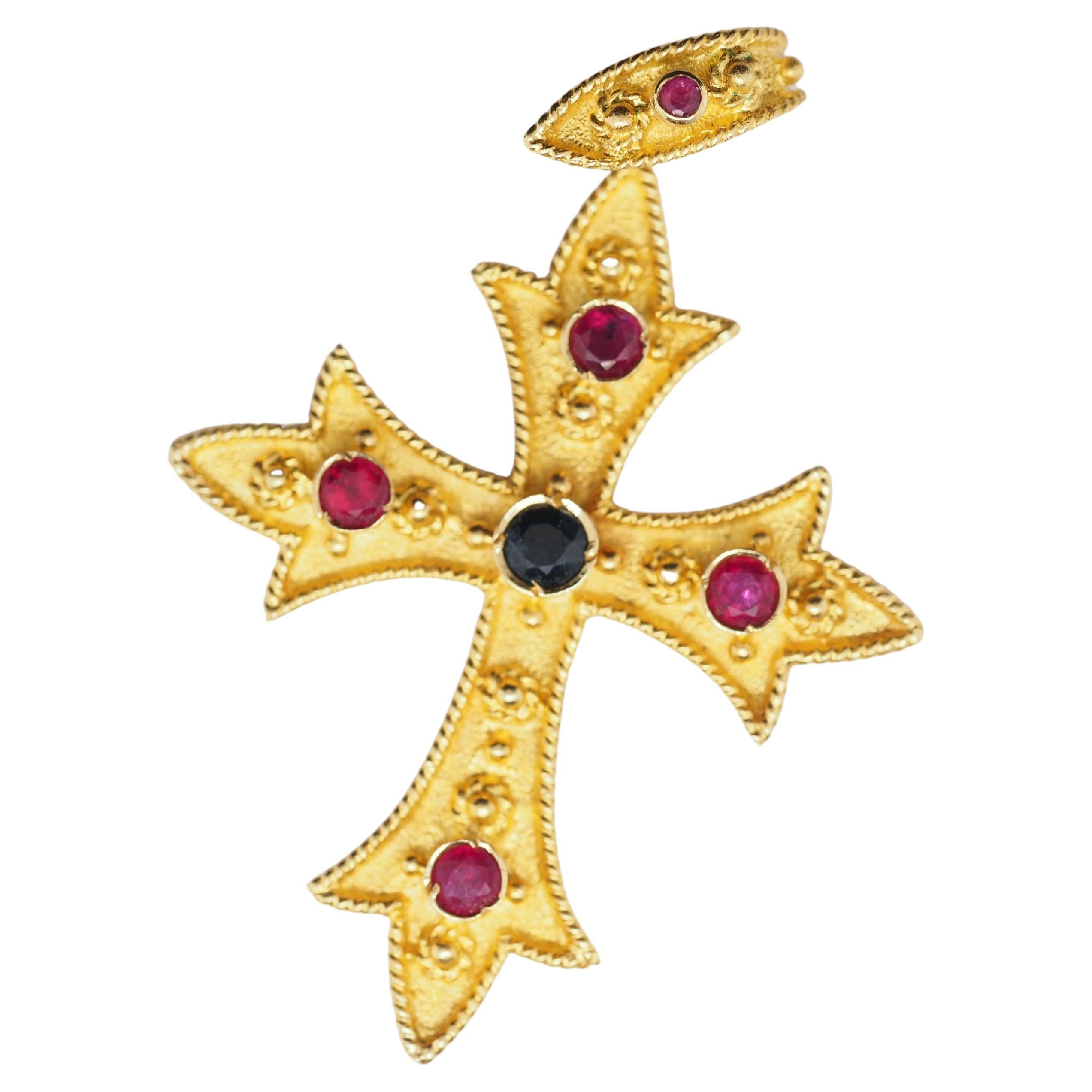 Vintage 18k Yellow Gold Cross Pendant with Sapphires and Ruby For Sale
