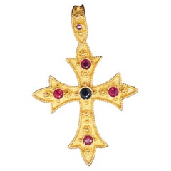Vintage 18k Yellow Gold Cross Pendant with Sapphires and Ruby