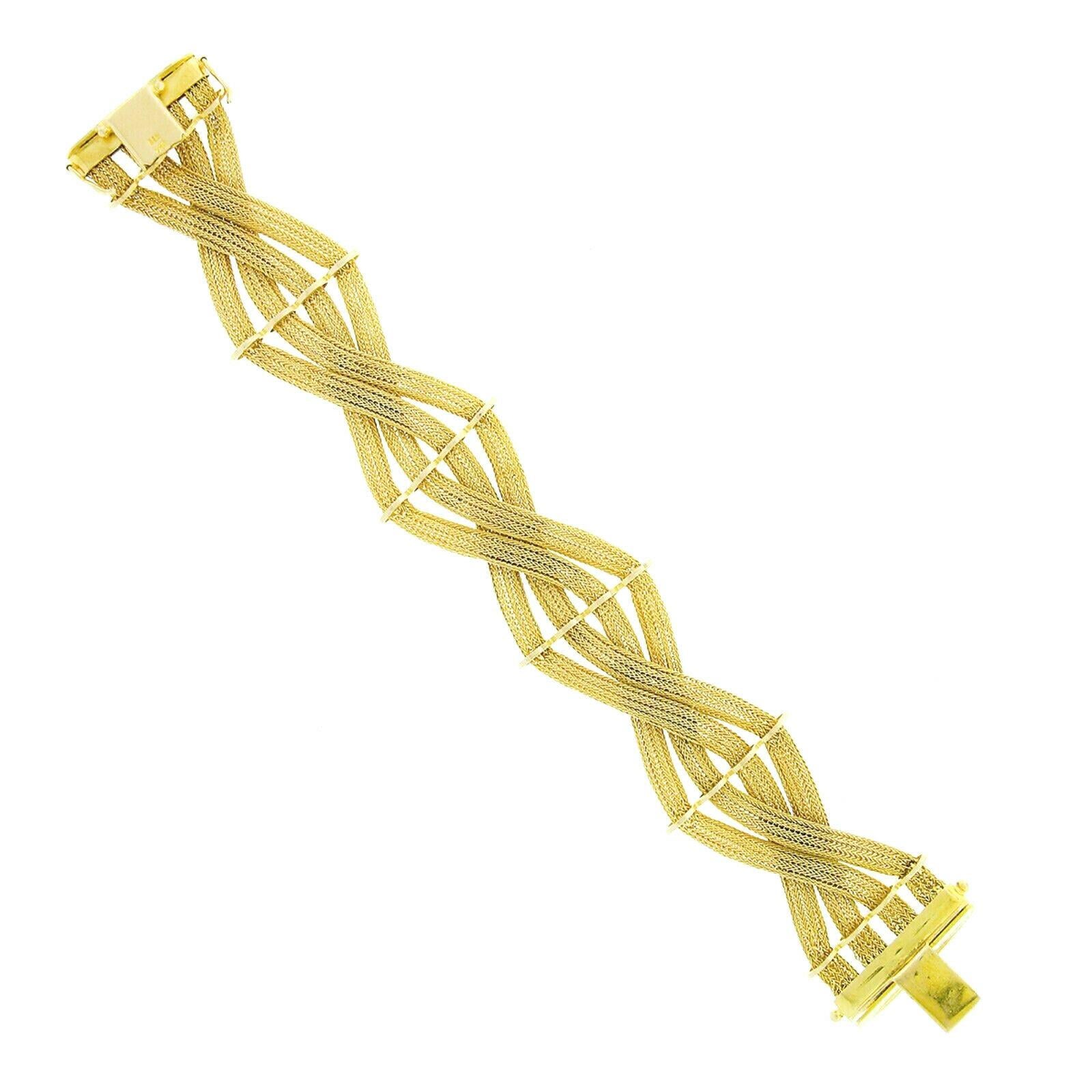 Women's Vintage 18k Yellow Gold Crossover Woven Braid Wide Flat Mesh Link Chain Bracelet For Sale