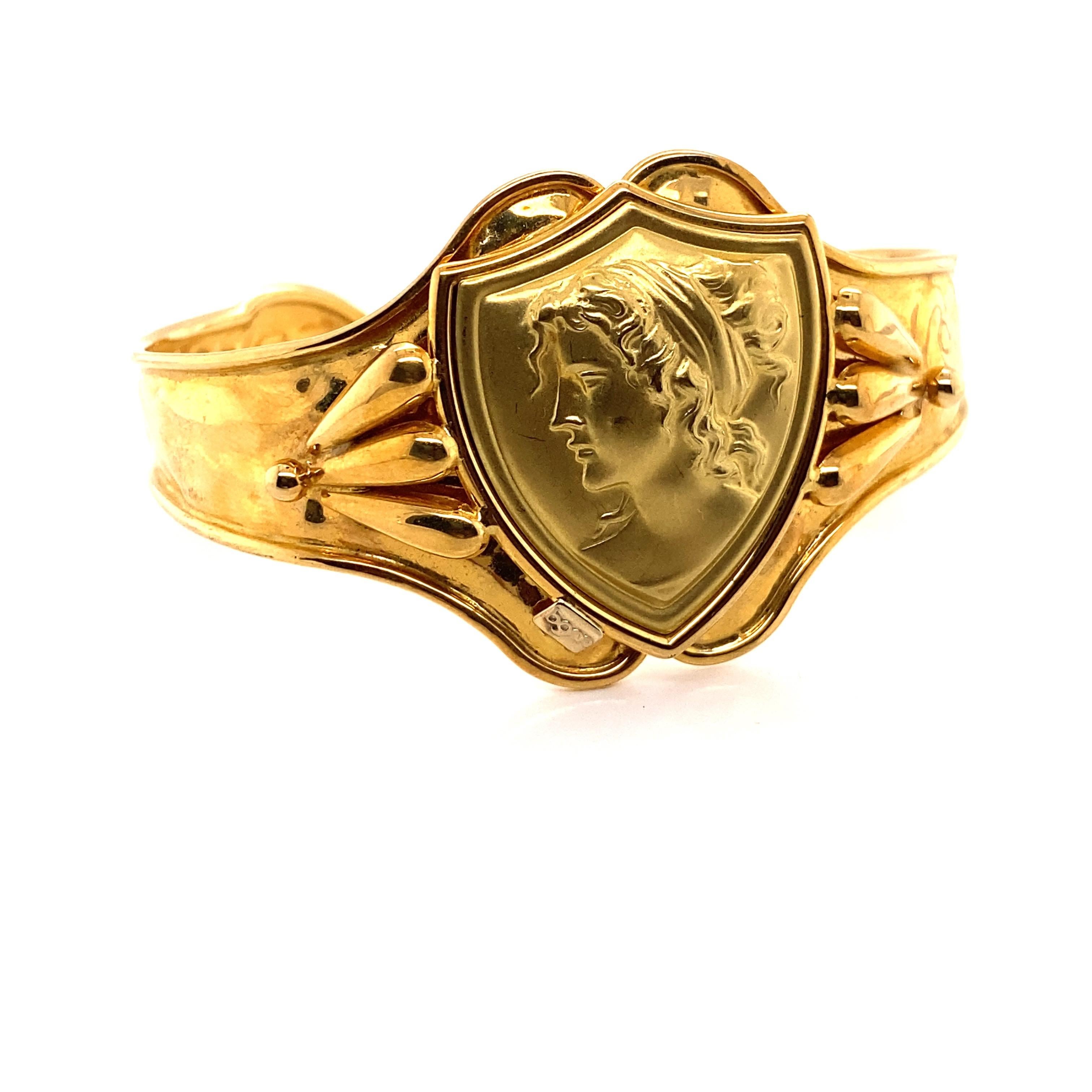Vintage 18K Yellow Gold Cuff Bracelet with Woman Figure on a Shield In Good Condition In Boston, MA