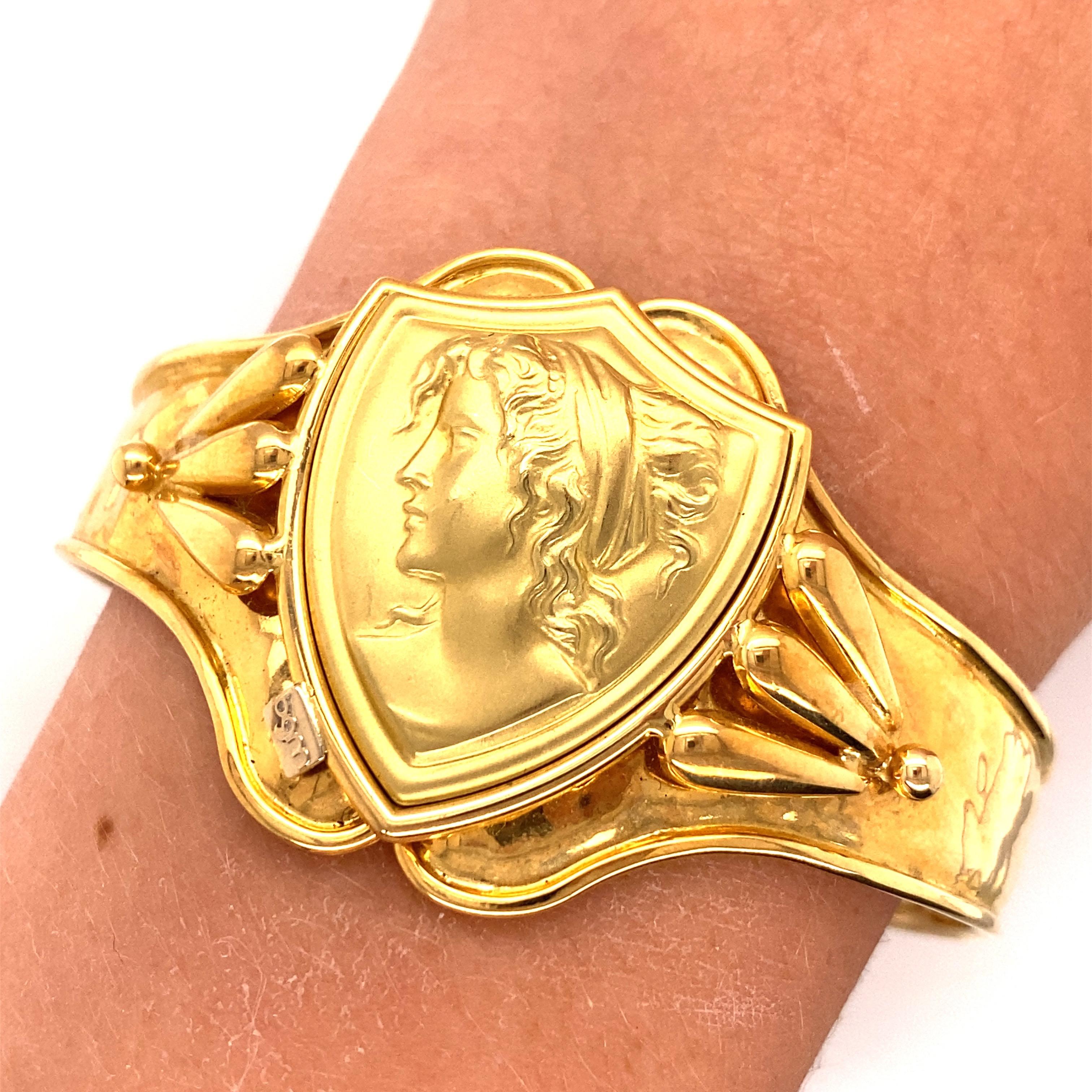 Vintage 18K Yellow Gold Cuff Bracelet with Woman Figure on a Shield 1
