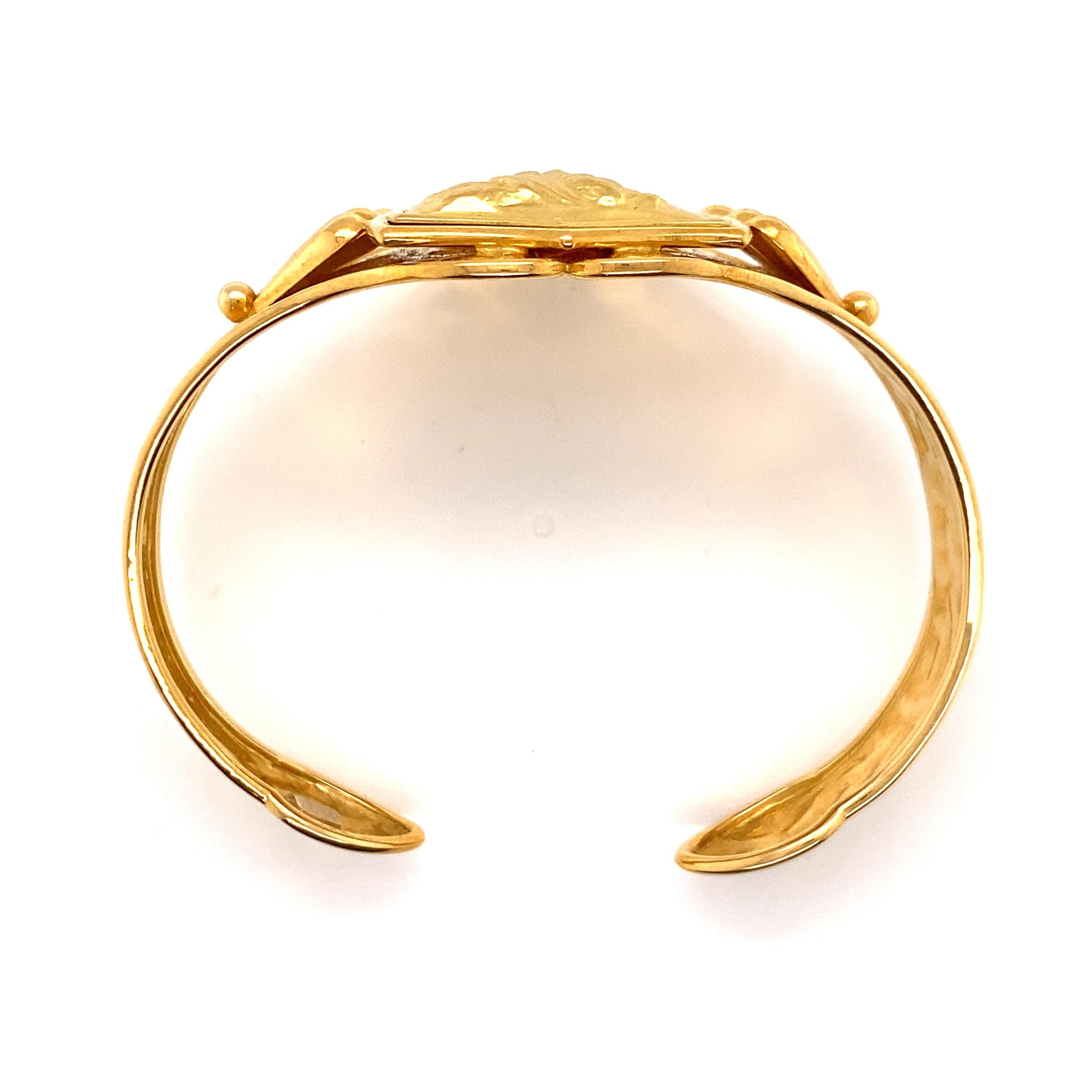 Vintage 18K Yellow Gold Cuff Bracelet with Woman Figure on a Shield 2