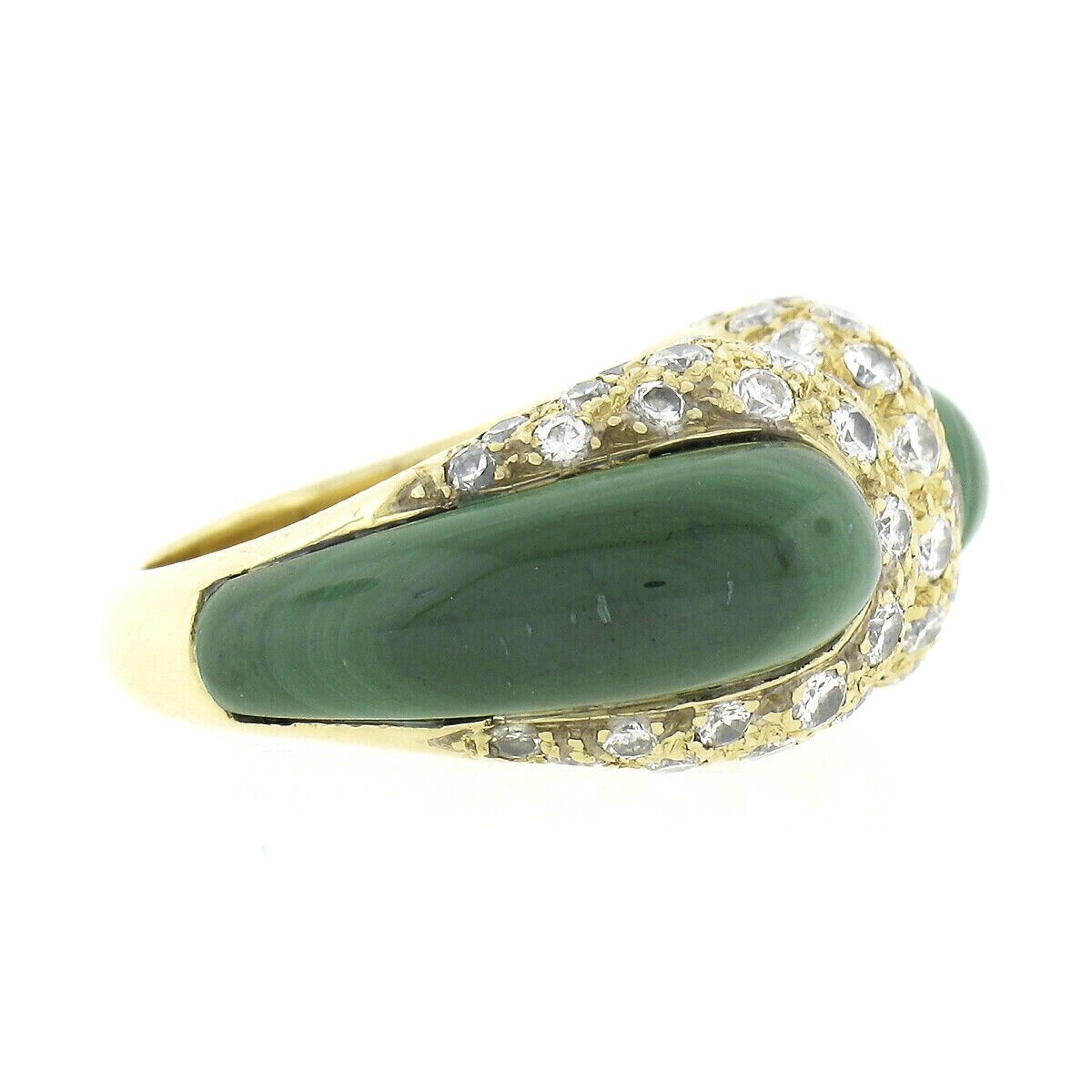 Women's or Men's Vintage 18k Yellow Gold Custom Cabochon Malachite W/ Pave Diamond Statement Ring For Sale