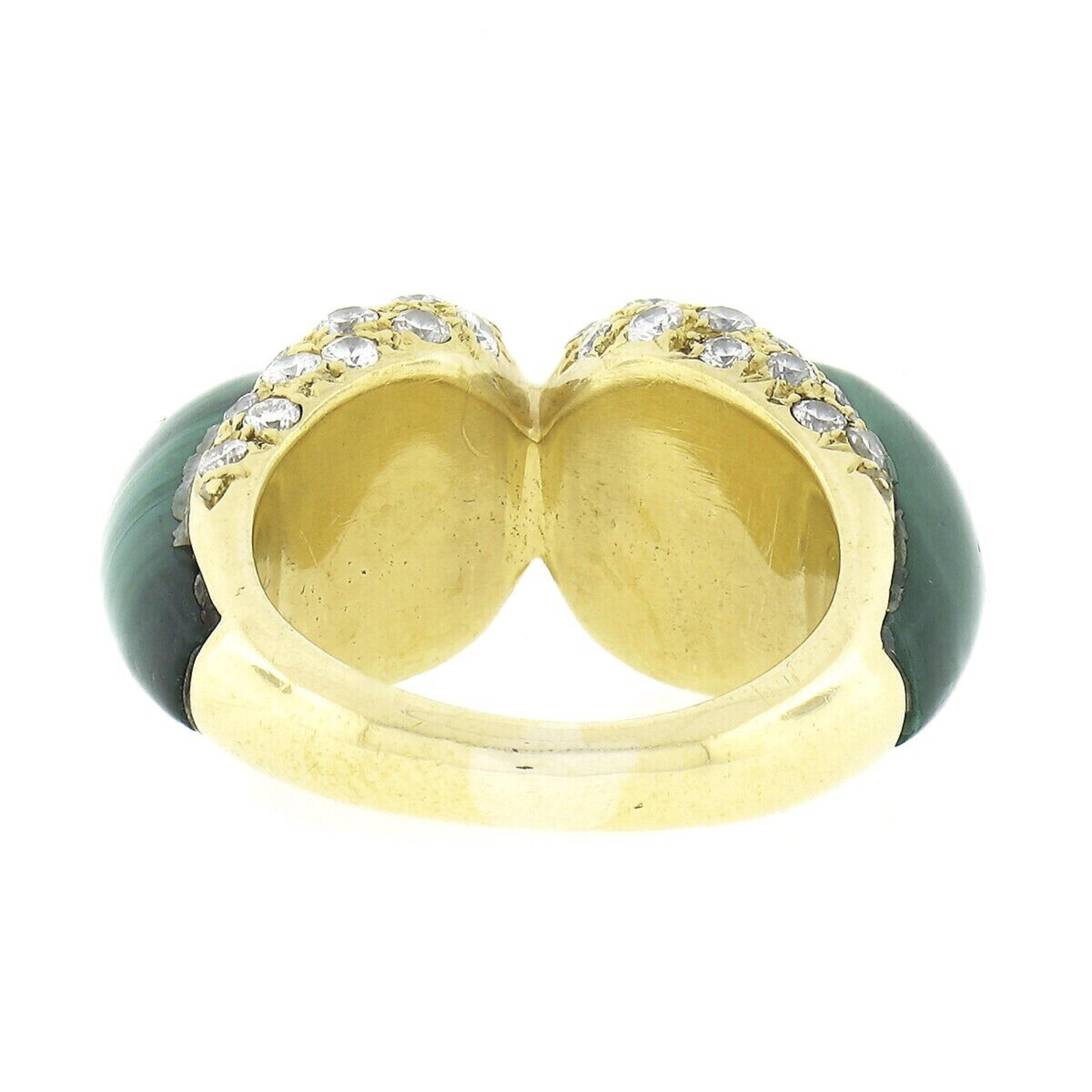 Vintage 18k Yellow Gold Custom Cabochon Malachite W/ Pave Diamond Statement Ring For Sale 2