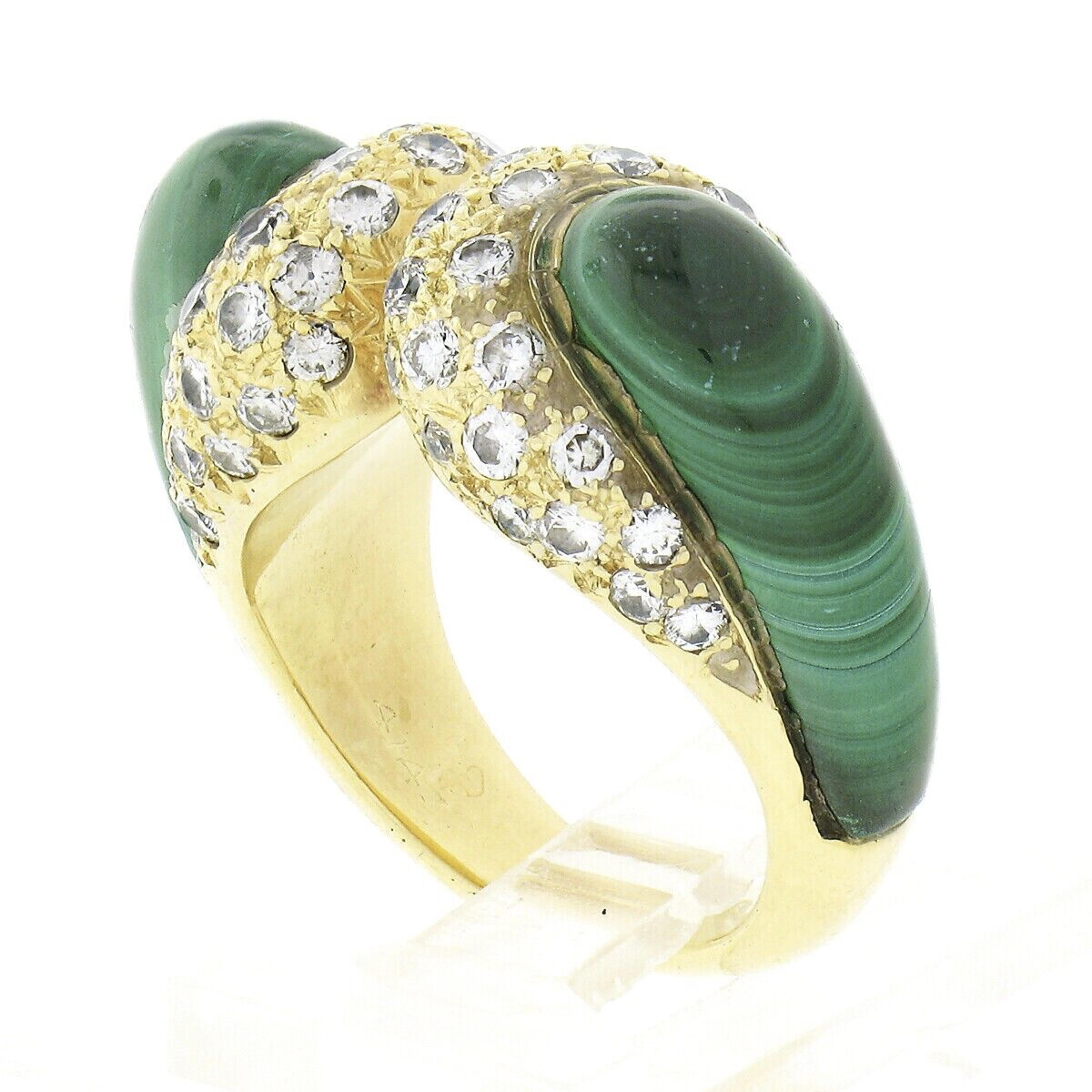 Vintage 18k Yellow Gold Custom Cabochon Malachite W/ Pave Diamond Statement Ring For Sale 4