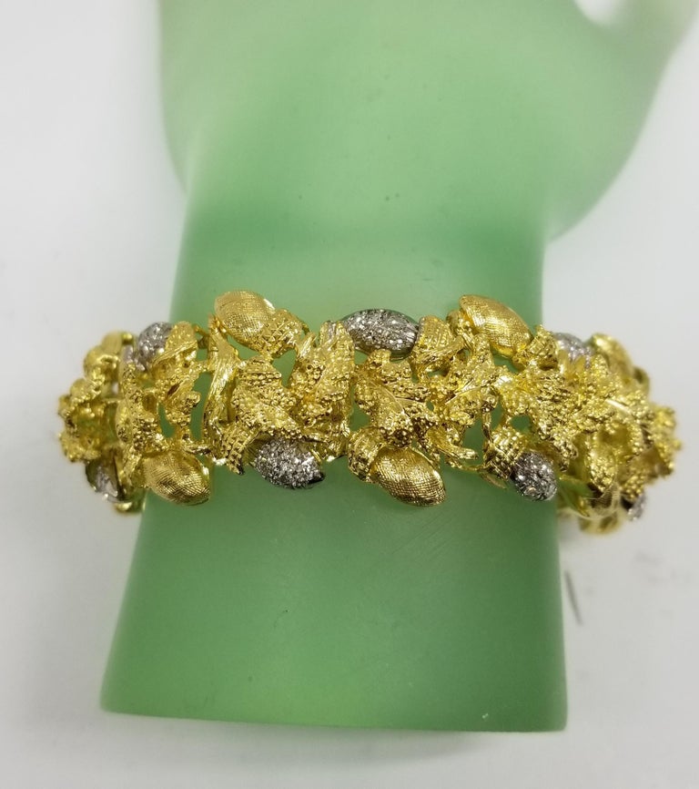 Women's or Men's Circa 1960s Vintage 18 Karat Yellow Gold Diamond Acorn and Leaf Bracelet For Sale