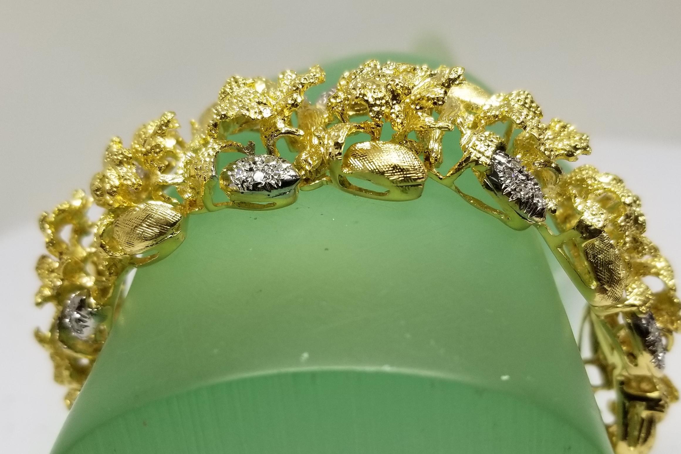 Round Cut Circa 1960s Vintage 18 Karat Yellow Gold Diamond Acorn and Leaf Bracelet