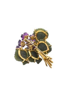 Vintage 18k Yellow Gold Diamond Amethyst and Carved Nephrite Jade Flower Brooch