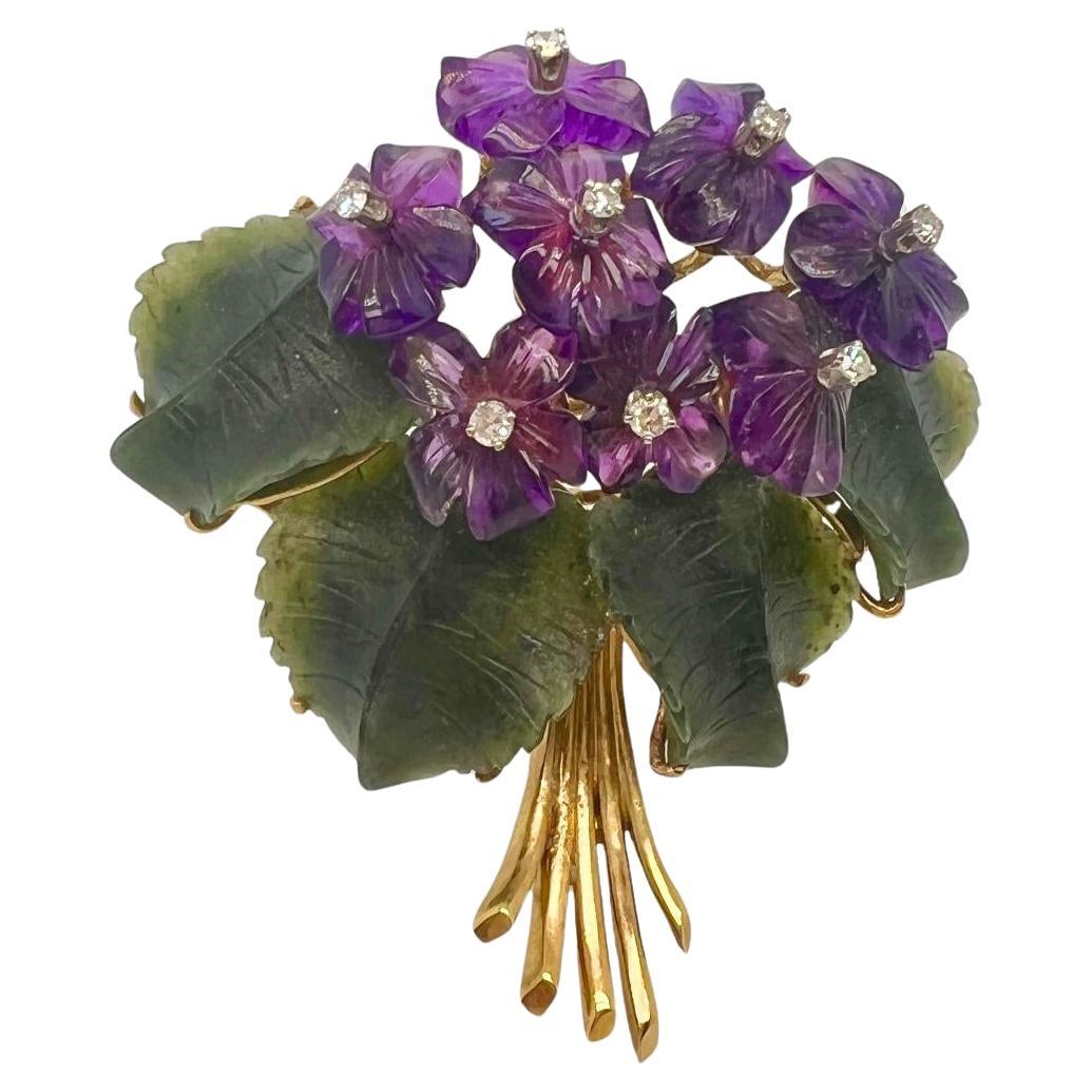 Vintage 18k Yellow Gold Diamond Amethyst and Carved Nephrite Jade Flower Brooch