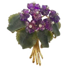 Vintage 18k Yellow Gold Diamond Amethyst and Carved Nephrite Jade Flower Brooch