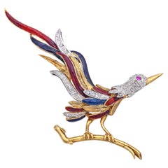 Vintage 18k Yellow Gold Diamond and Enamel Bird Brooch