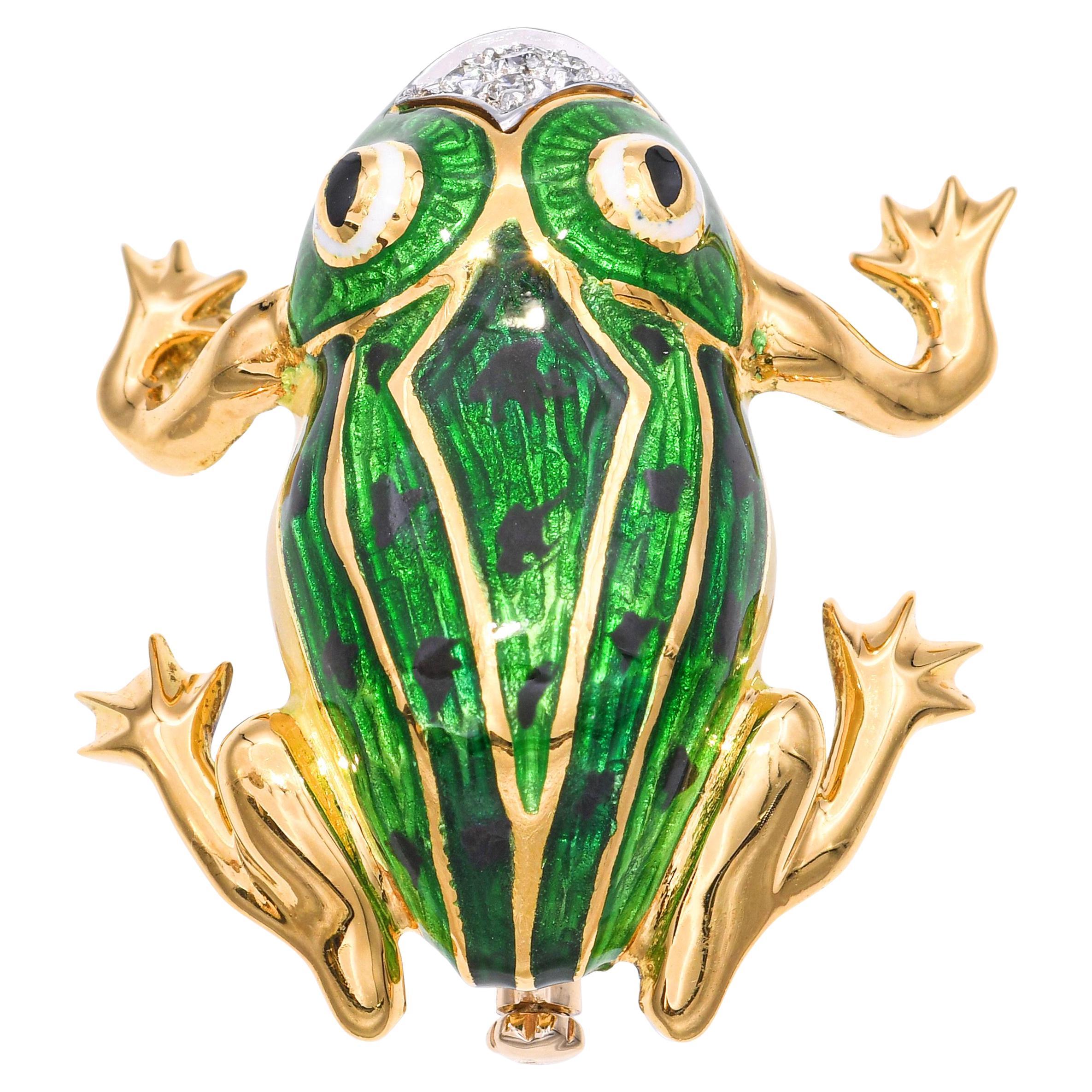 Vintage 18k Gelbgold Diamant und Emaille Frosch Brosche Pin