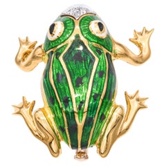 Vintage 18k Yellow Gold Diamond and Enamel Frog Brooch Pin