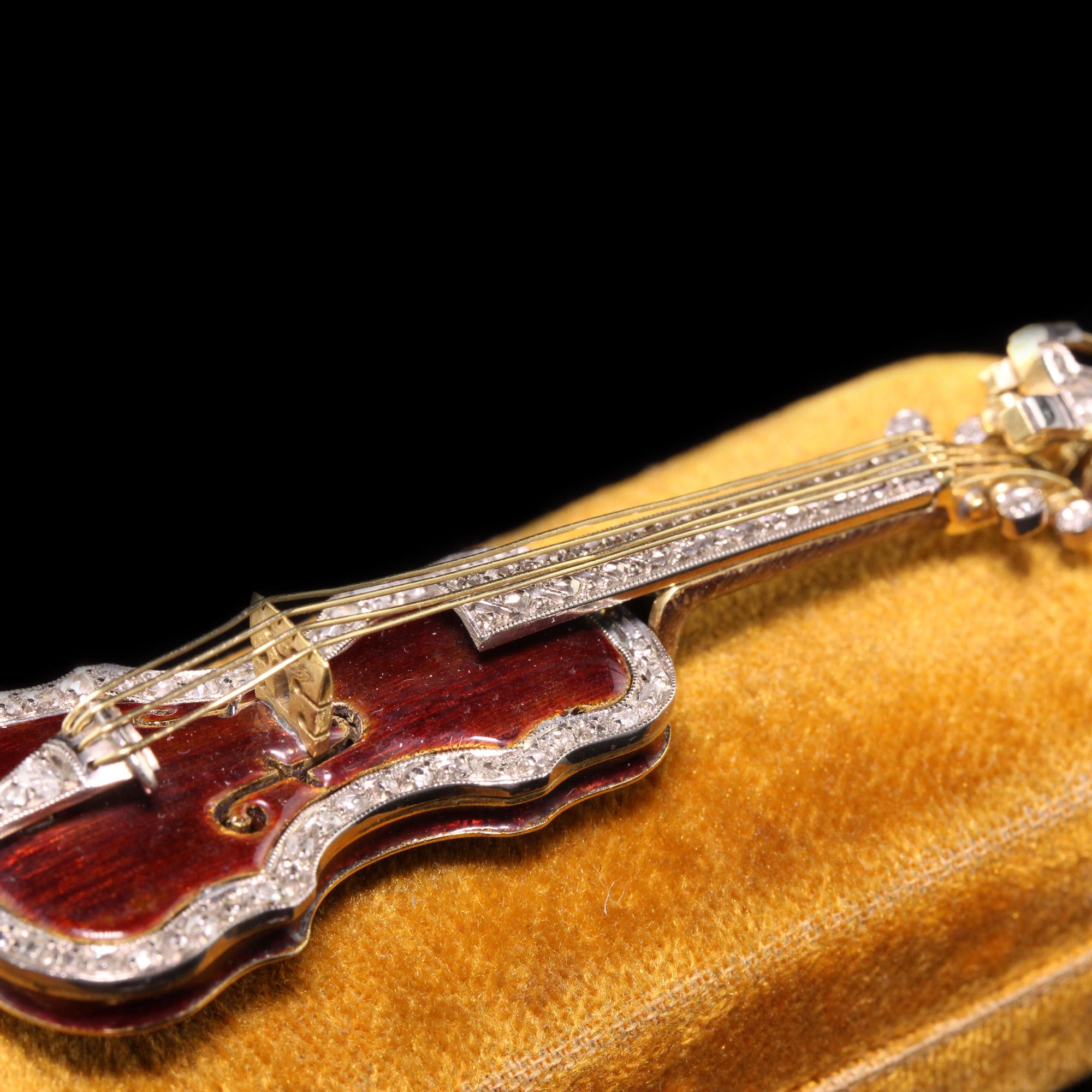 Modern Vintage 18k Yellow Gold Diamond and Enamel Stradivarius Violin Pin