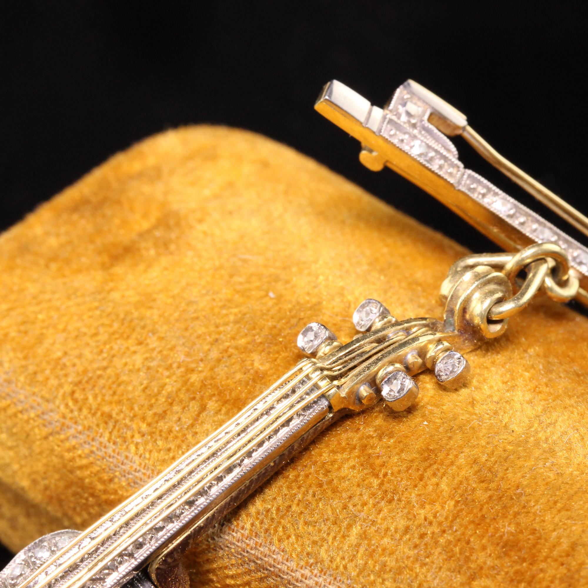 Rose Cut Vintage 18k Yellow Gold Diamond and Enamel Stradivarius Violin Pin