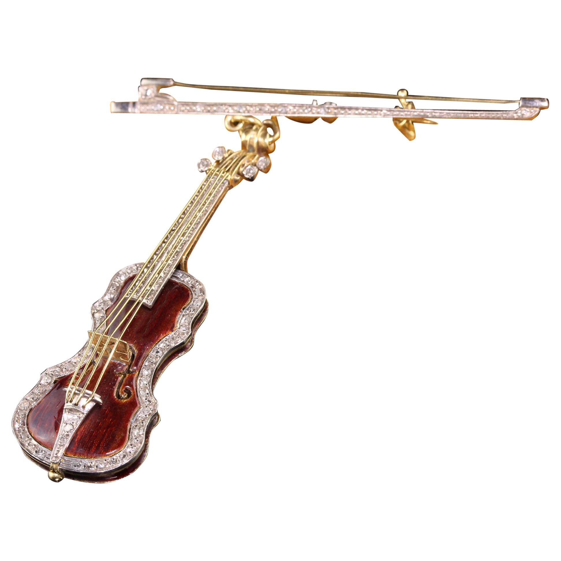Vintage 18k Yellow Gold Diamond and Enamel Stradivarius Violin Pin For Sale  at 1stDibs