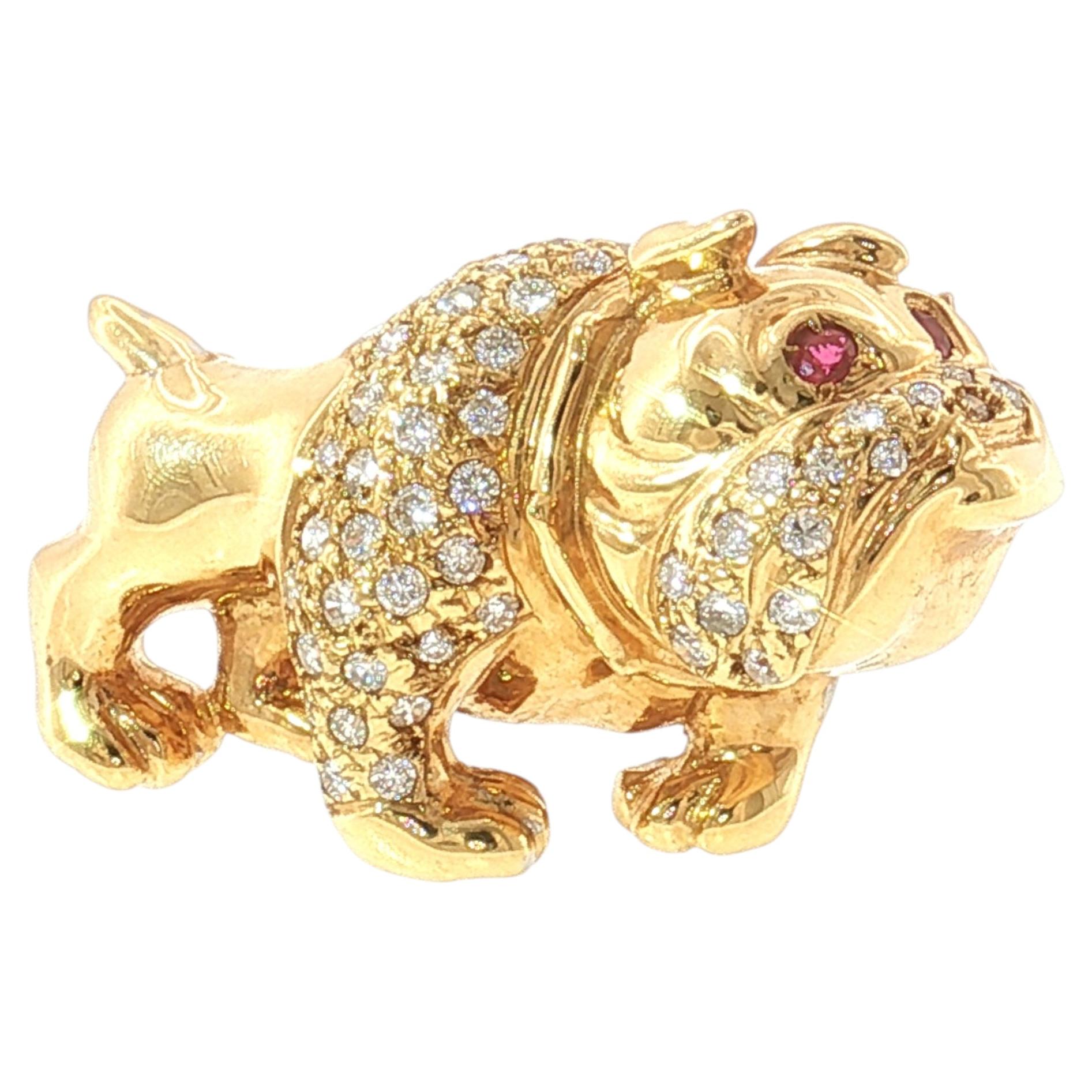 Vintage 18K Yellow Gold Diamond and Ruby Bulldog Brooch