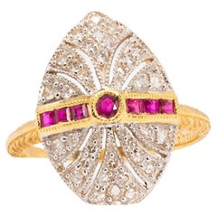 Vintage 18K Yellow Gold Diamond and Ruby Navette-Style Ring Vintage 18K Yellow Gold Diamond and Ruby Navette-Style Ring