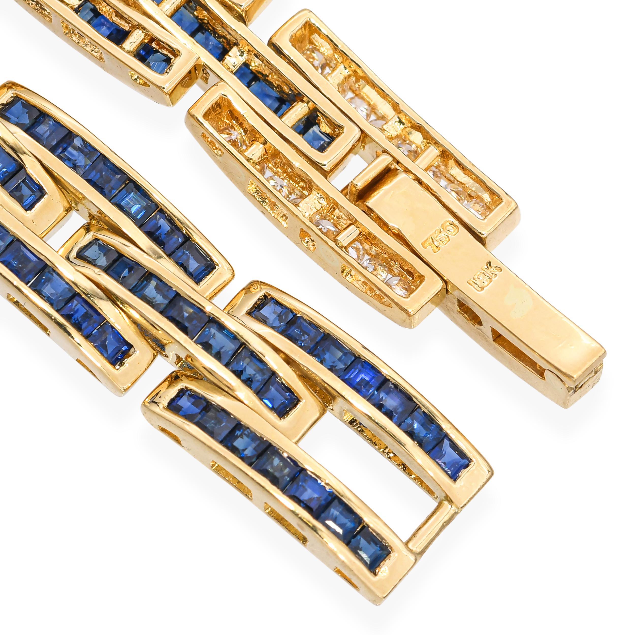 Bracciale d'epoca in oro giallo 18 carati con diamanti e zaffiri incastonati a canale A Link In condizioni buone in vendita a New York, NY