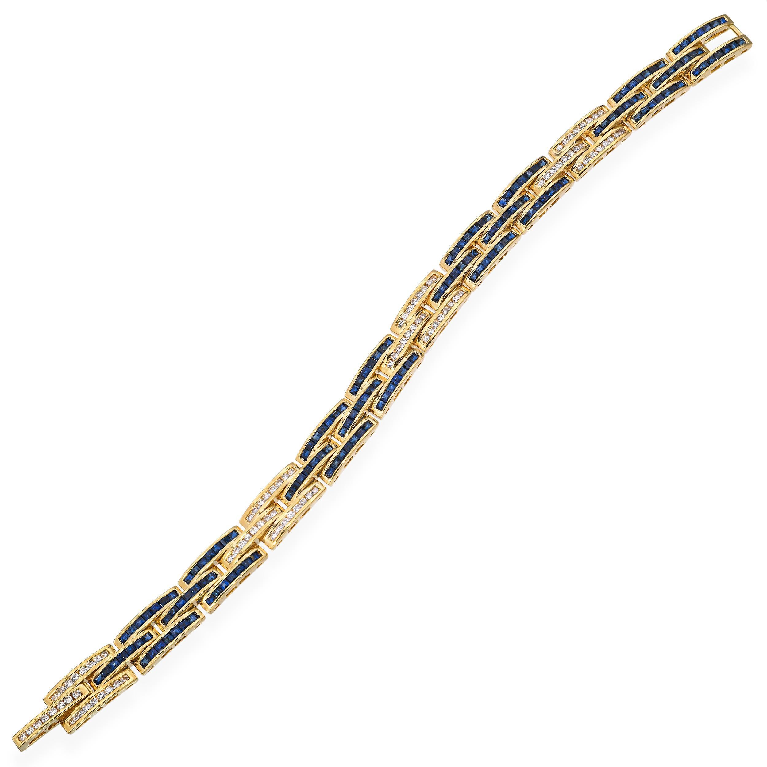 da uomo o donna Bracciale d'epoca in oro giallo 18 carati con diamanti e zaffiri incastonati a canale A Link in vendita